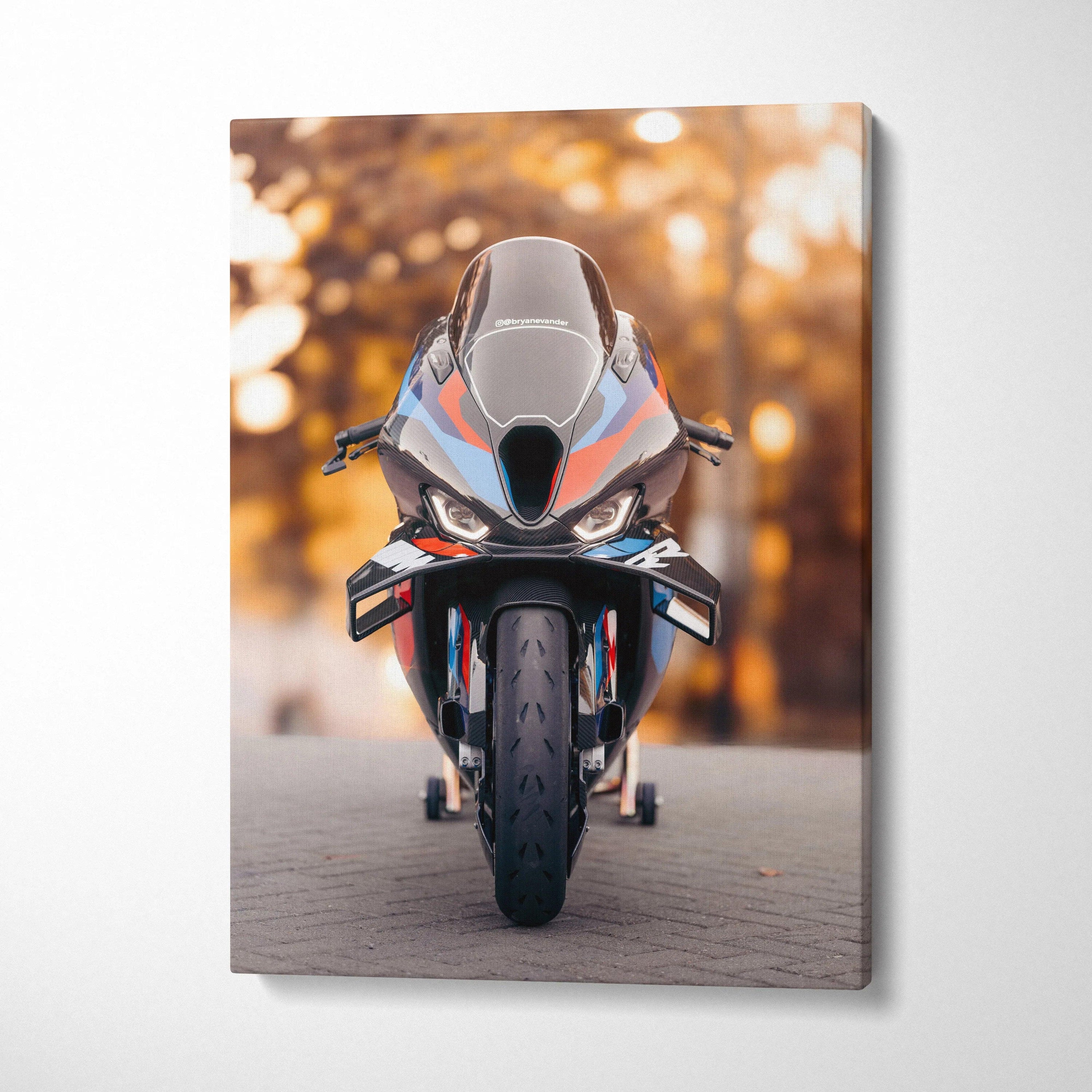 Vertical canvas art of BMW M1000RR motorcycle front view with warm autumn background wall art.