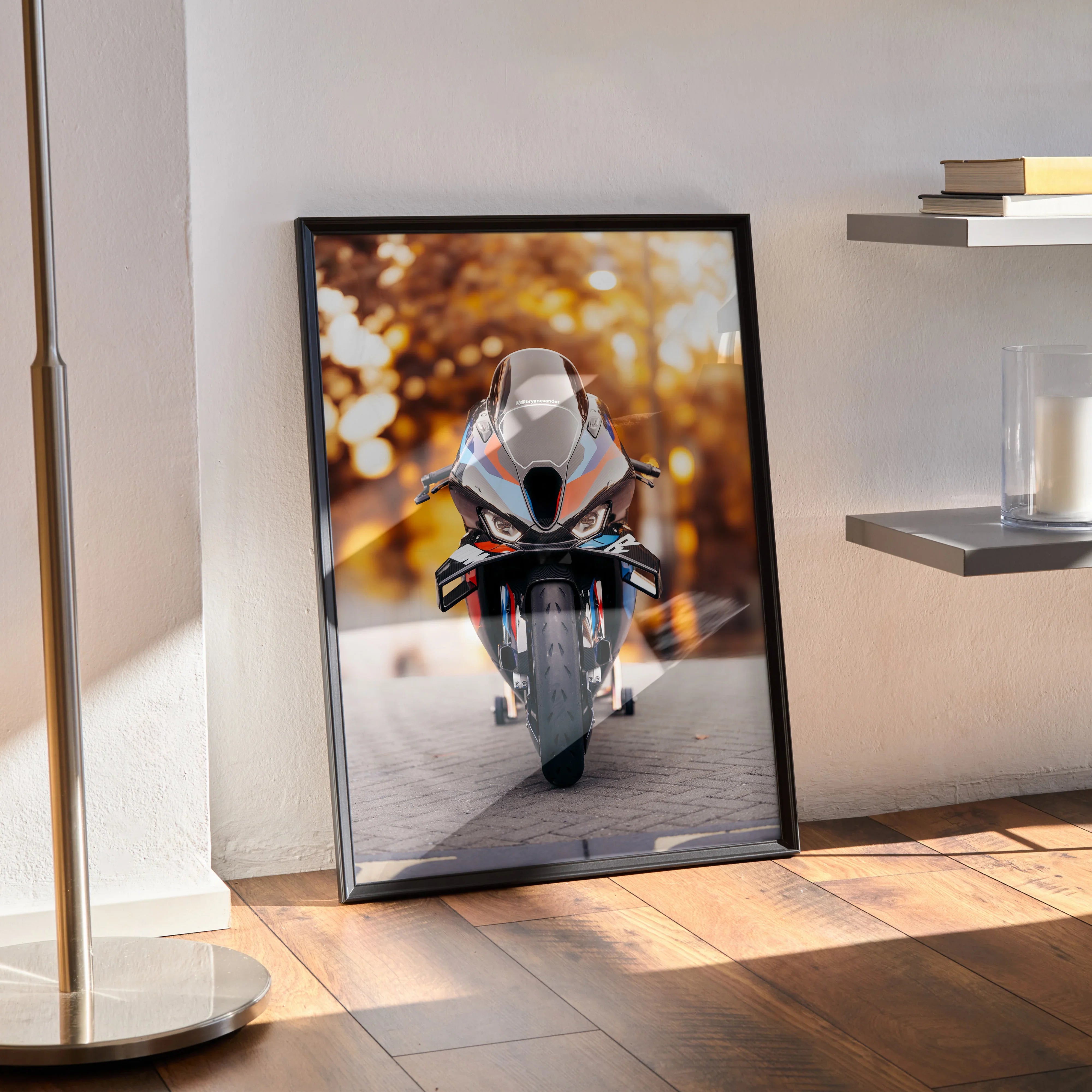 BMW M1000RR motorcycle poster with dynamic front view, warm autumn background, premium wall art.