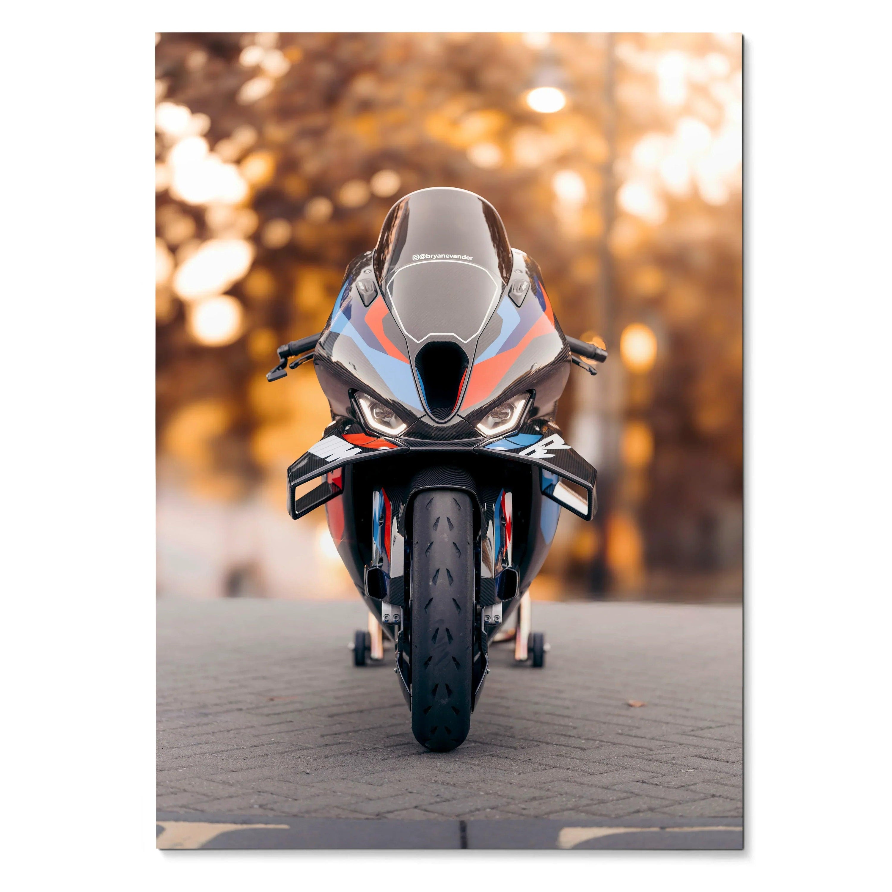 BMW M1000RR motorcycle poster with sleek black and red detailing, premium wall art with autumn background.