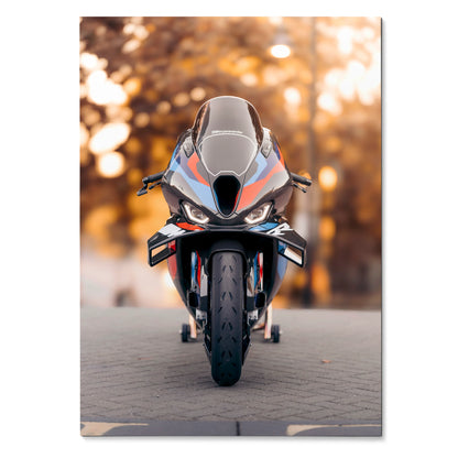 BMW M1000RR motorcycle poster with sleek black and red detailing, premium wall art with autumn background.