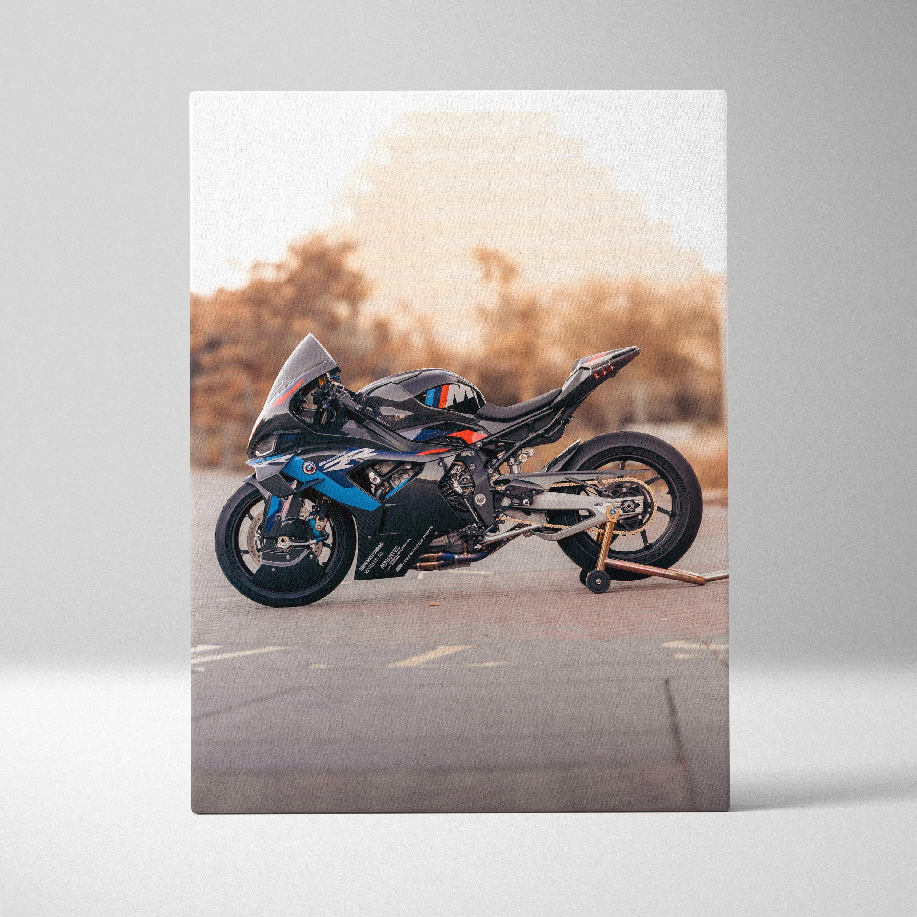 BMW M1000RR motorcycle vertical canvas wall art with sunset background and detailed bike design.