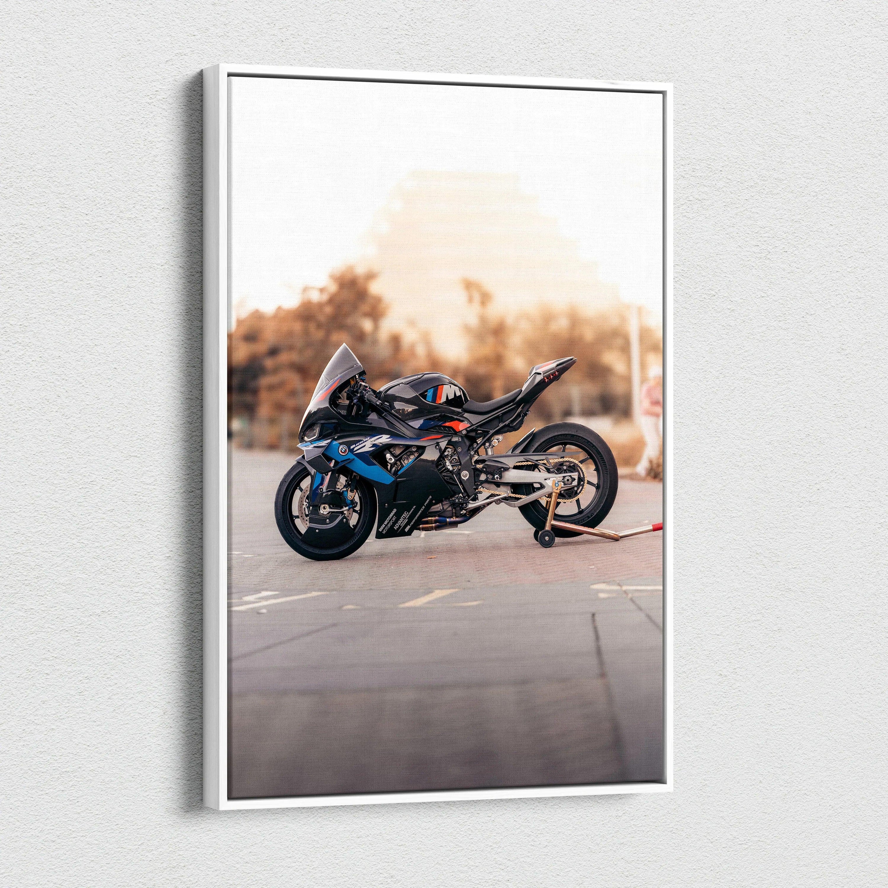 BMW M1000RR motorcycle detailed high-resolution canvas wall art with sunset background.