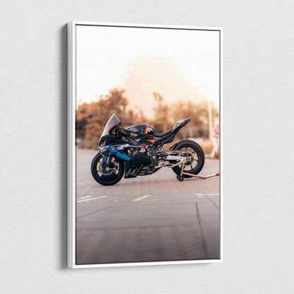 BMW M1000RR motorcycle detailed high-resolution canvas wall art with sunset background.