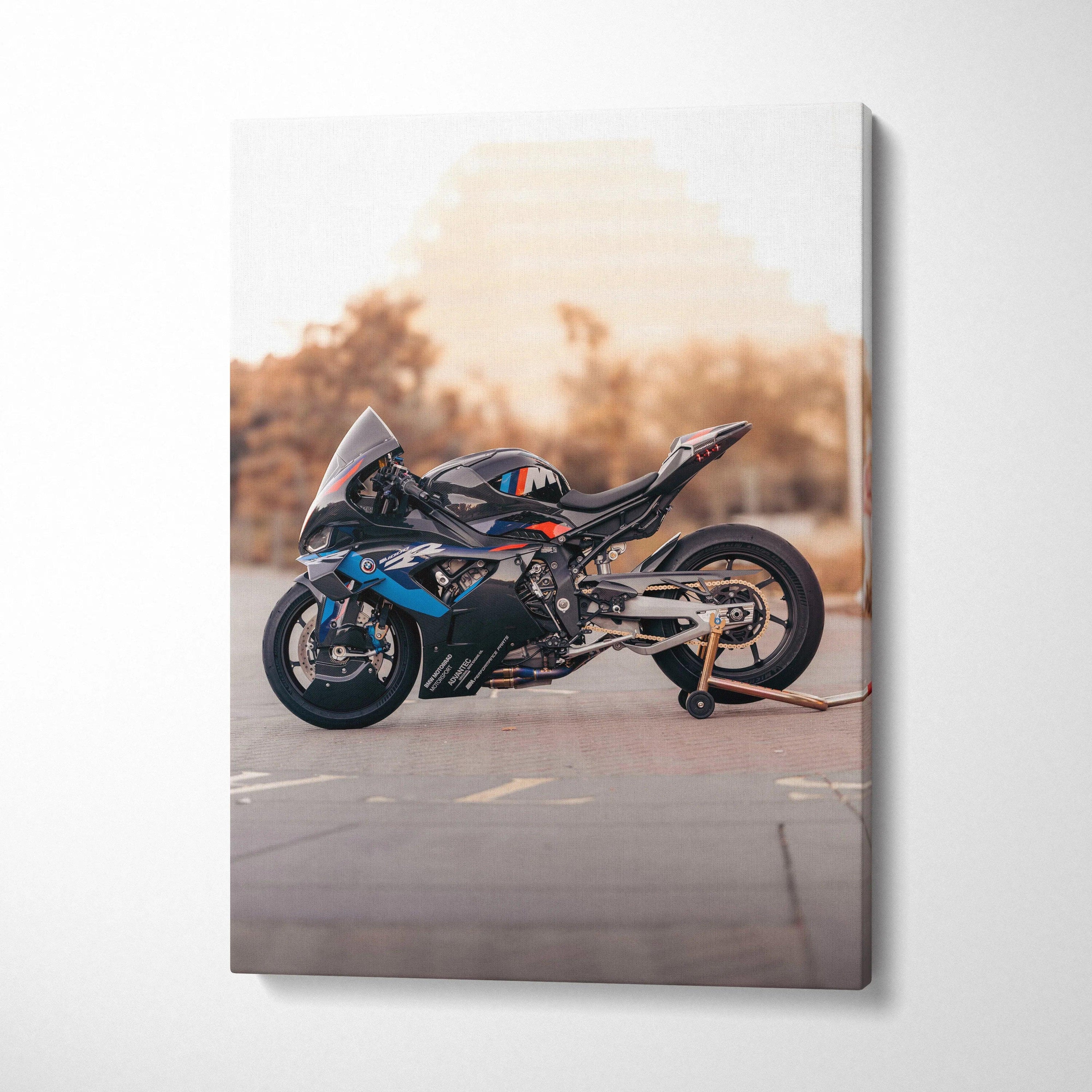BMW M1000RR motorcycle canvas wall art with sunset background, vertical museum-quality print.