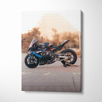 BMW M1000RR motorcycle canvas wall art with sunset background, vertical museum-quality print.