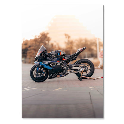 BMW M1000RR motorcycle poster with sleek black and blue racing design wall art.