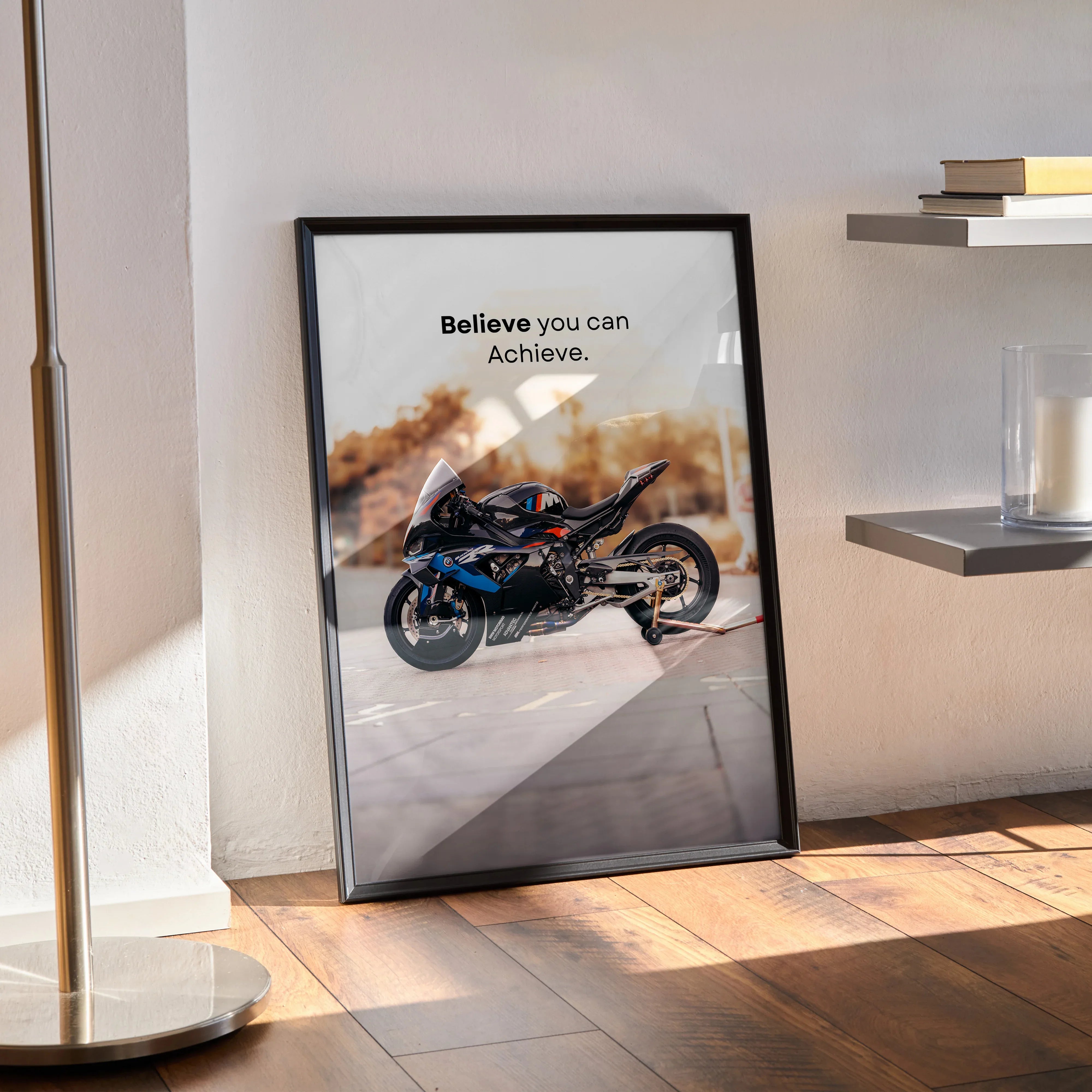 BMW M1000RR motorcycle motivational poster with "Believe you can Achieve" text, framed wall art.