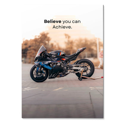Motivational poster wall art featuring BMW M1000RR motorcycle with inspiring "Believe you can Achieve" text.