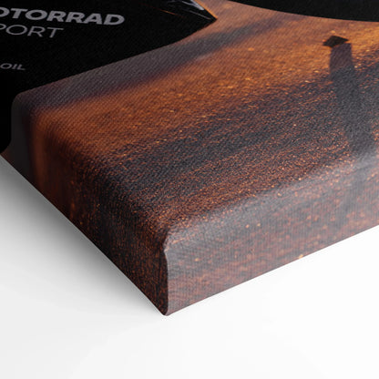 Close-up of textured canvas wall art featuring a sunset scene with BMW M1000RR motorcycle details.