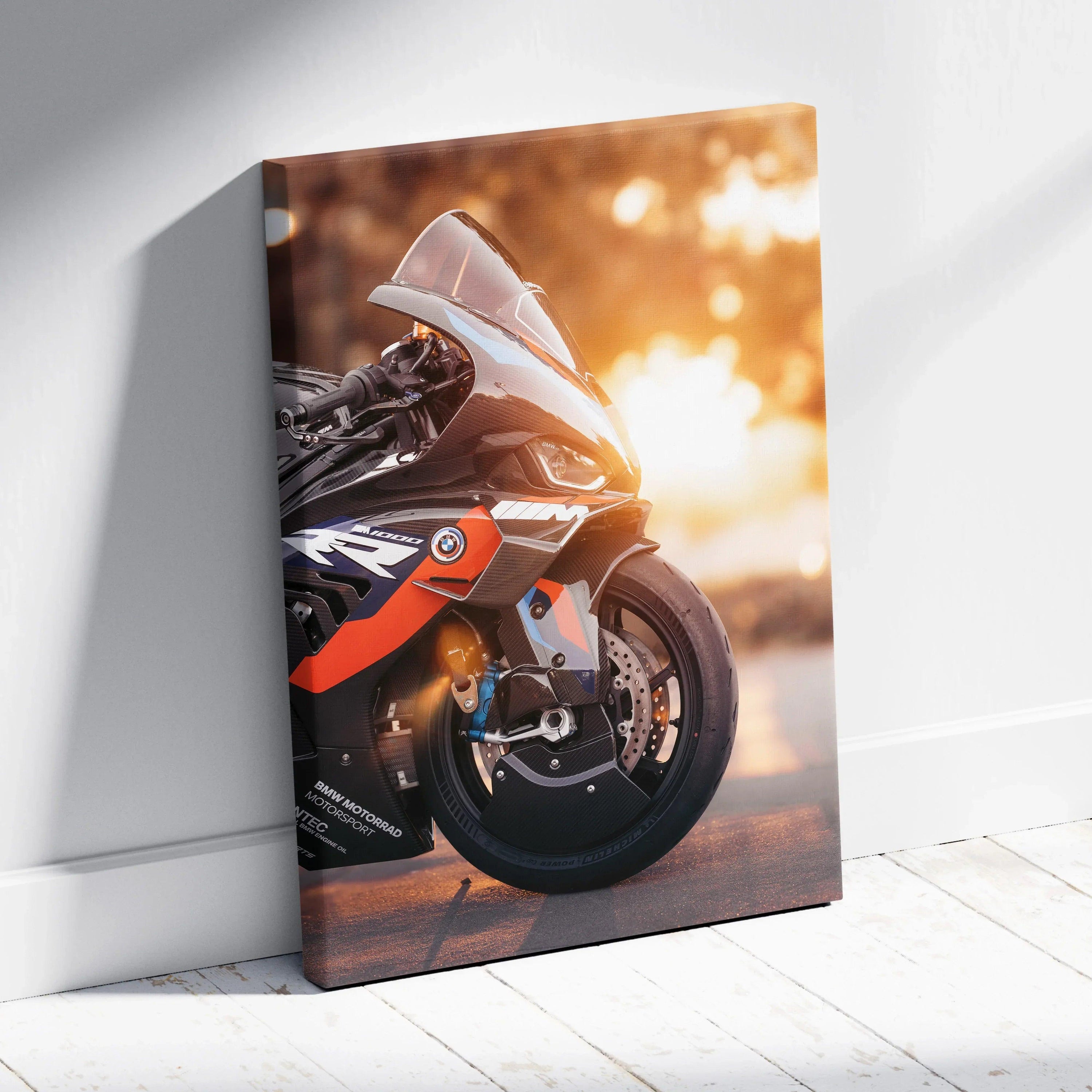 BMW M1000RR motorcycle canvas wall art with sunset background, high-resolution vertical art print.