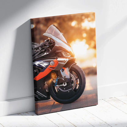 BMW M1000RR motorcycle canvas wall art with sunset background, high-resolution vertical art print.