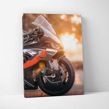 BMW M1000RR motorcycle close-up canvas wall art with sunset background and vivid detail.