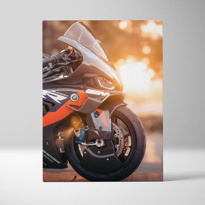 BMW M1000RR motorcycle close-up canvas wall art with sunset background, high-resolution vertical art.