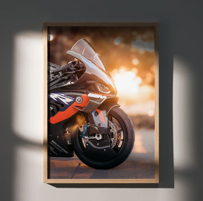 BMW M1000RR motorcycle close-up with sunset background poster wall art in a wooden frame.