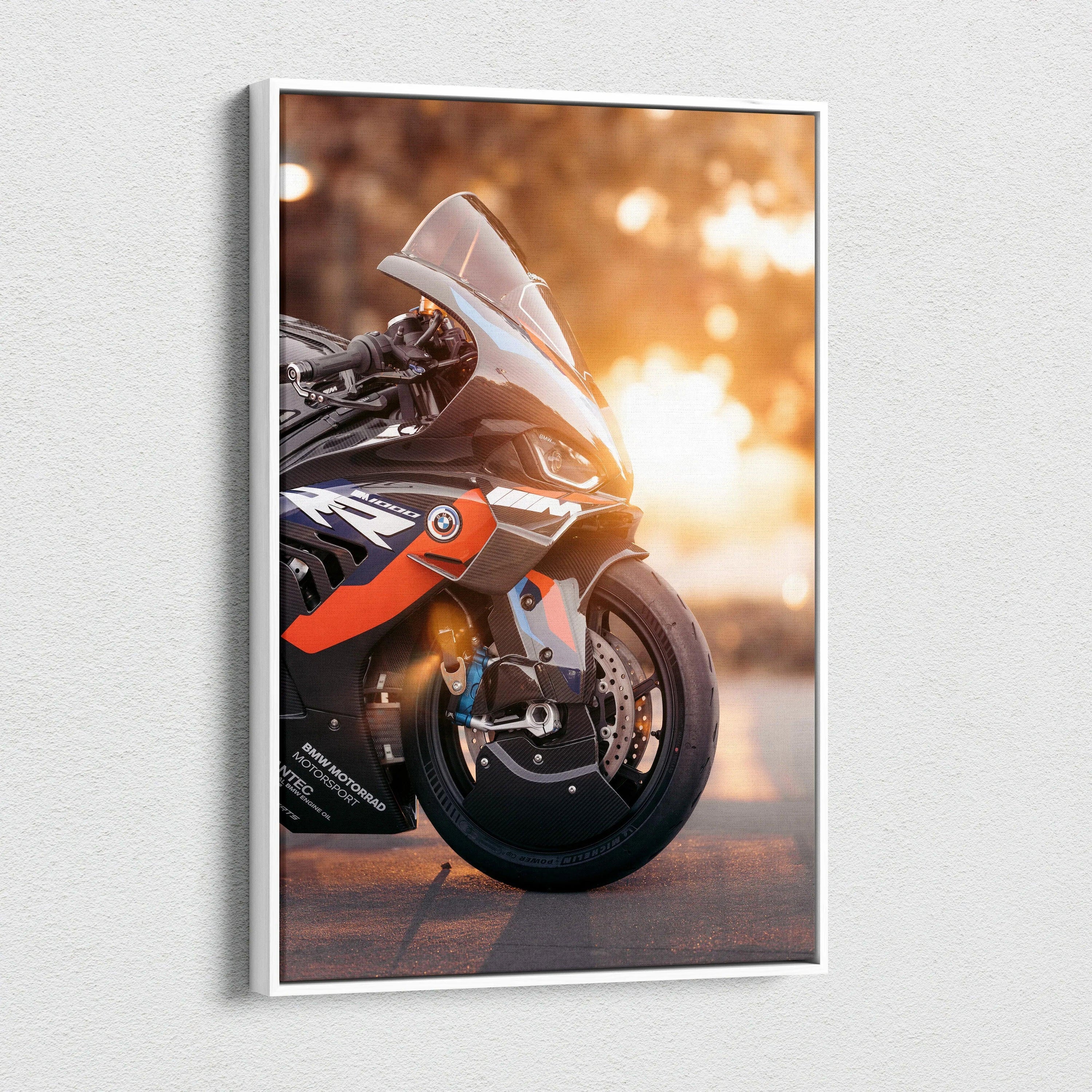 BMW M1000RR motorcycle close-up at sunset on vertical canvas wall art with warm golden tones.