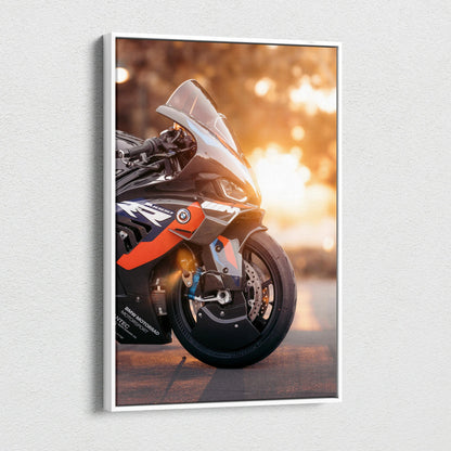 BMW M1000RR motorcycle close-up at sunset on vertical canvas wall art with warm golden tones.