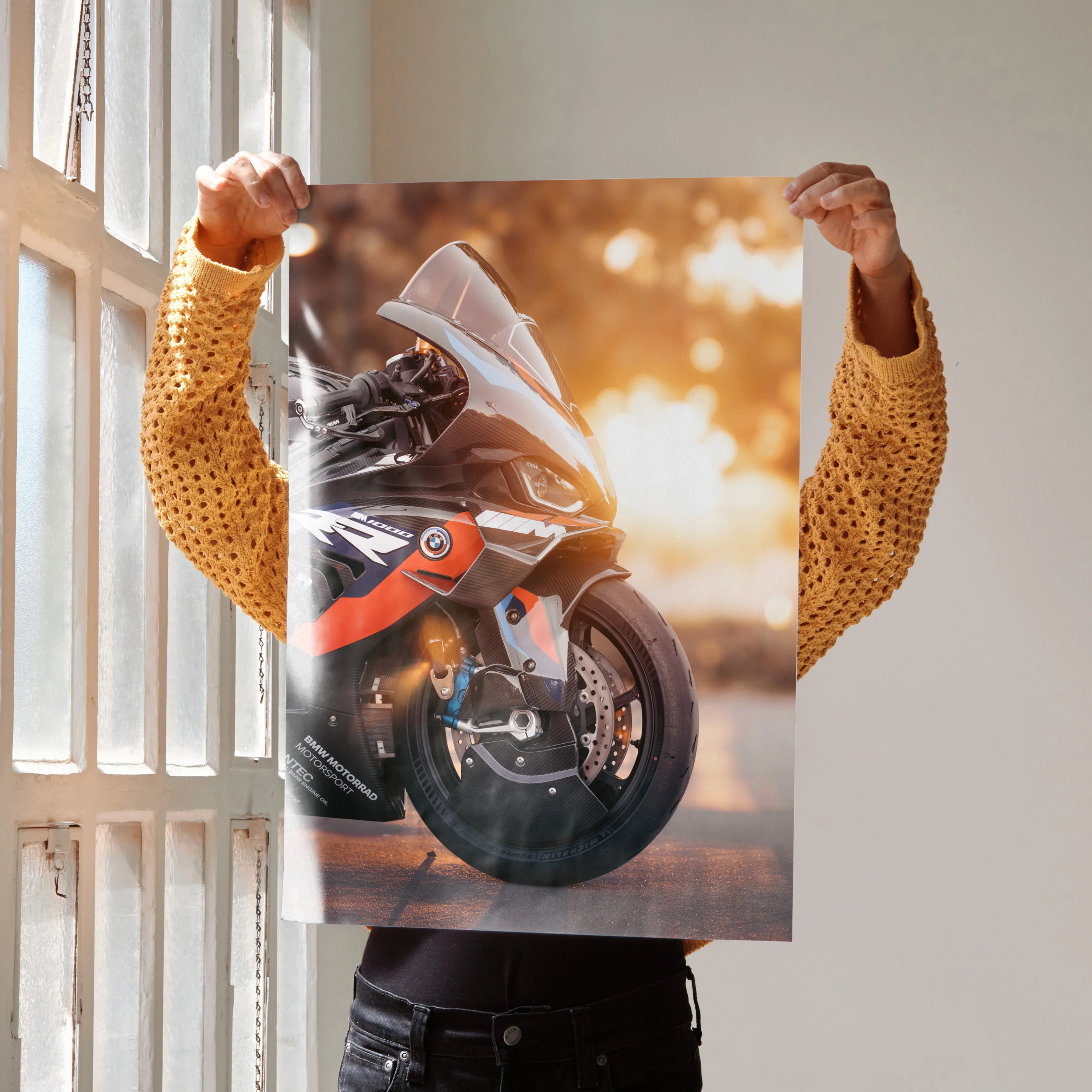 BMW M1000RR motorcycle poster with sunset background, premium satin wall art.
