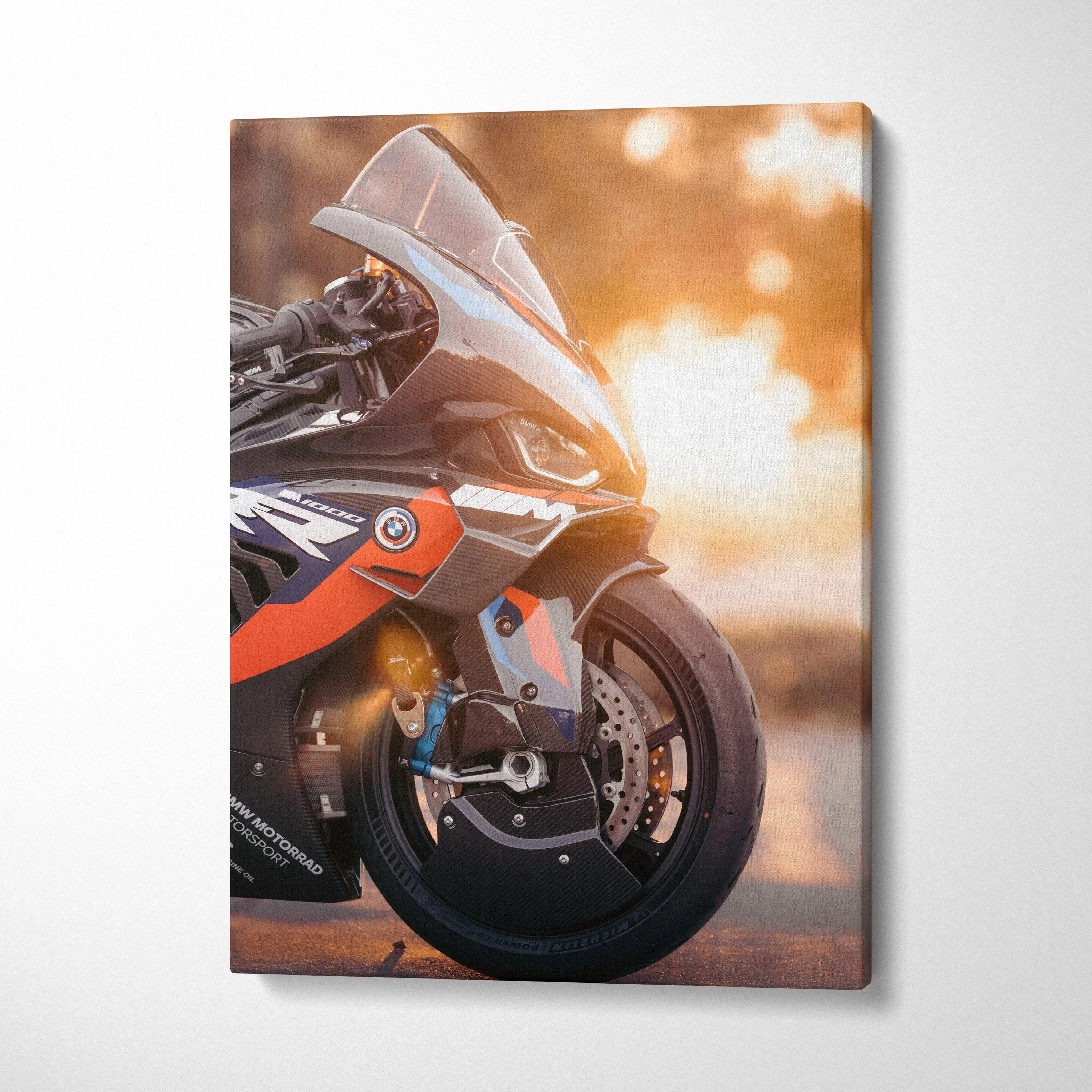 BMW M1000RR motorcycle close-up canvas wall art with warm sunset background.