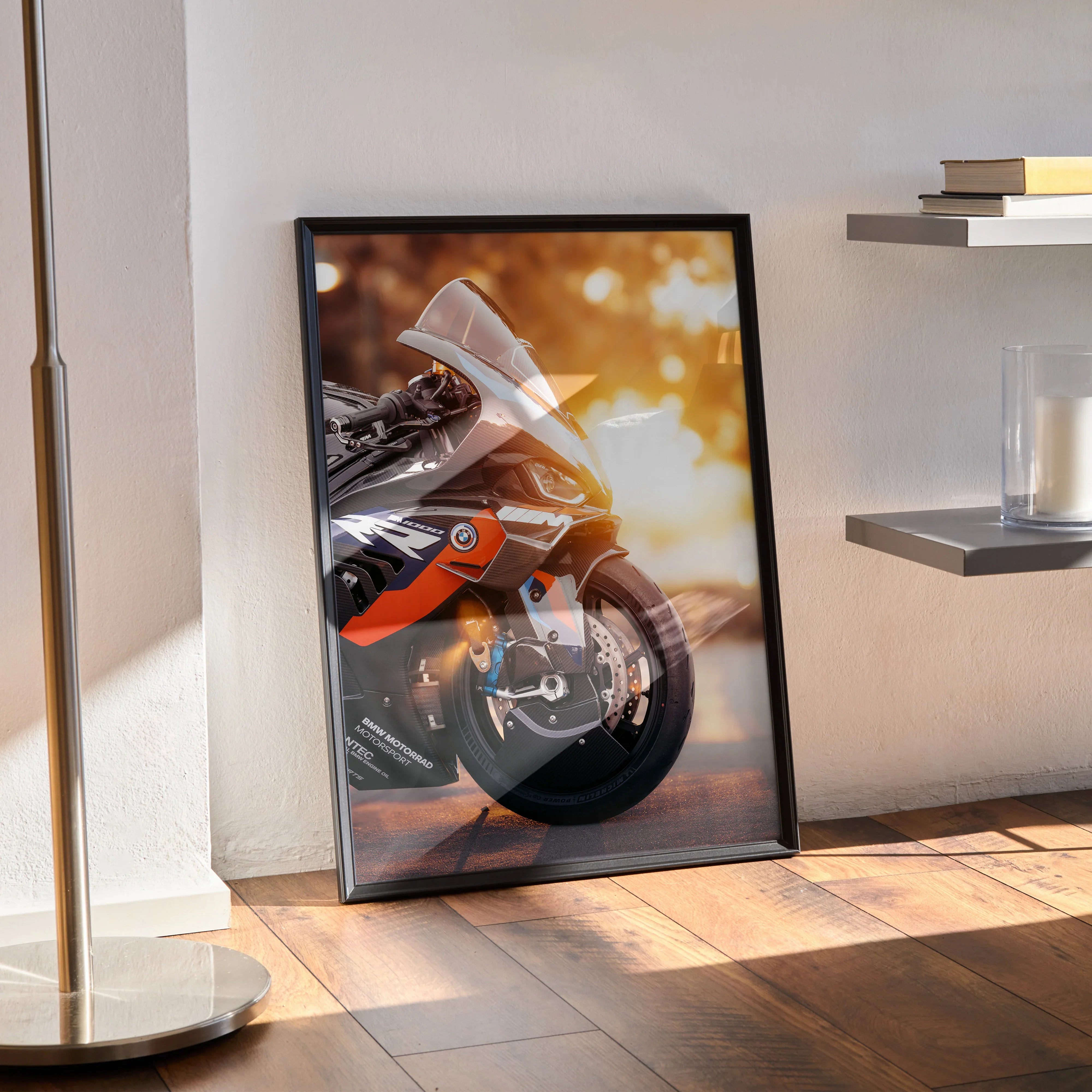 BMW M1000RR motorcycle poster with sunset backdrop, premium satin wall art in black frame.