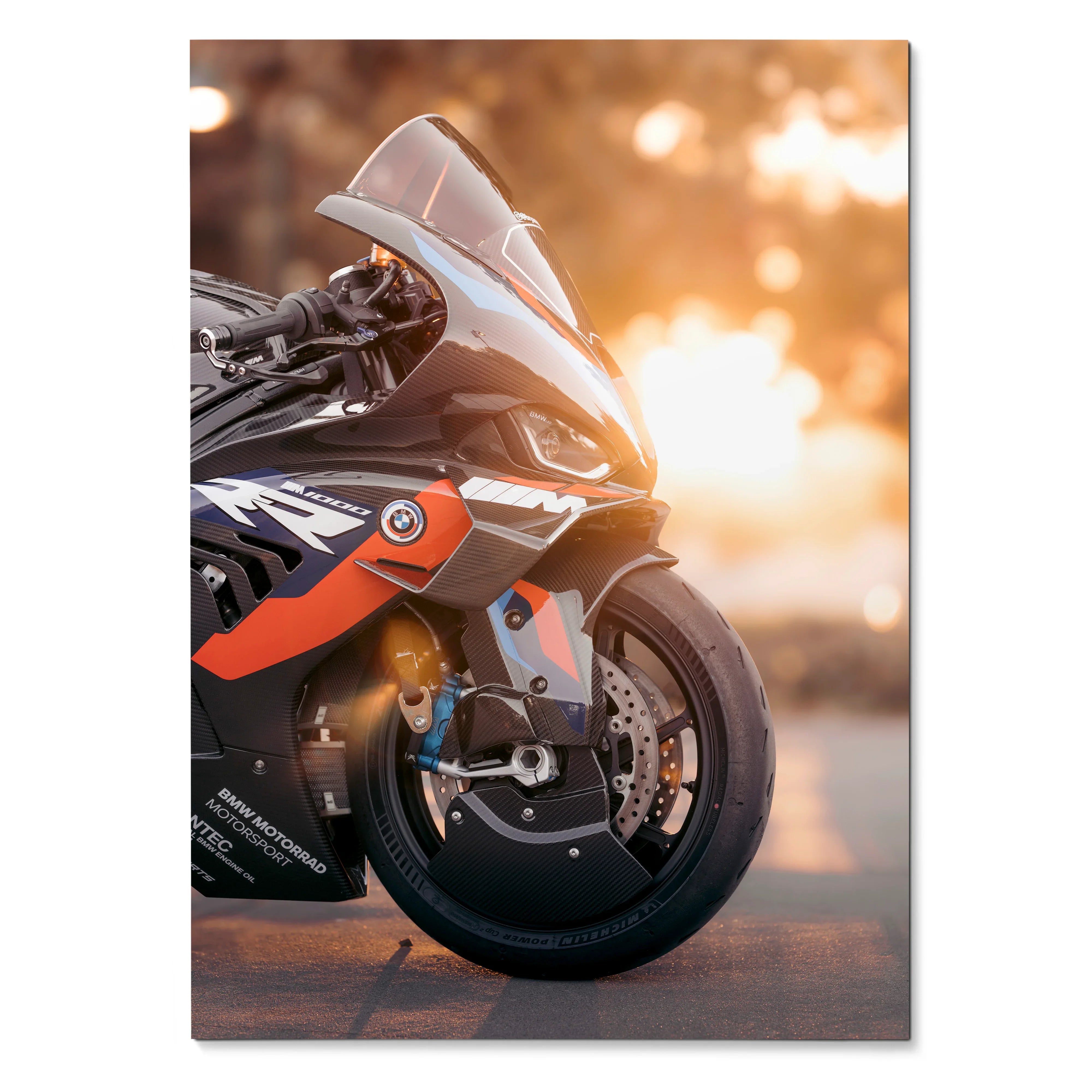 BMW M1000RR motorcycle close-up with sunset background poster wall art.