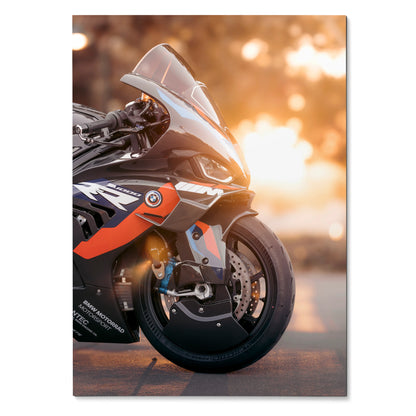 BMW M1000RR motorcycle close-up with sunset background poster wall art.