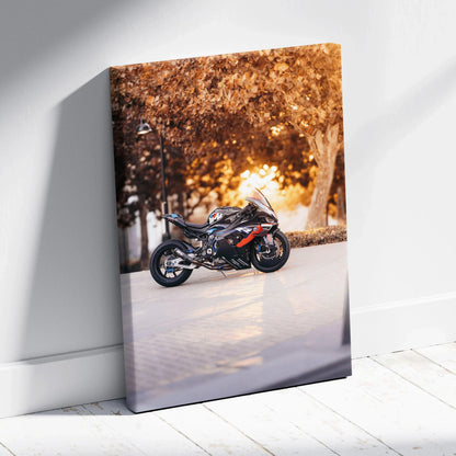 BMW M1000RR motorcycle canvas art with autumn forest background, vertical wall art.