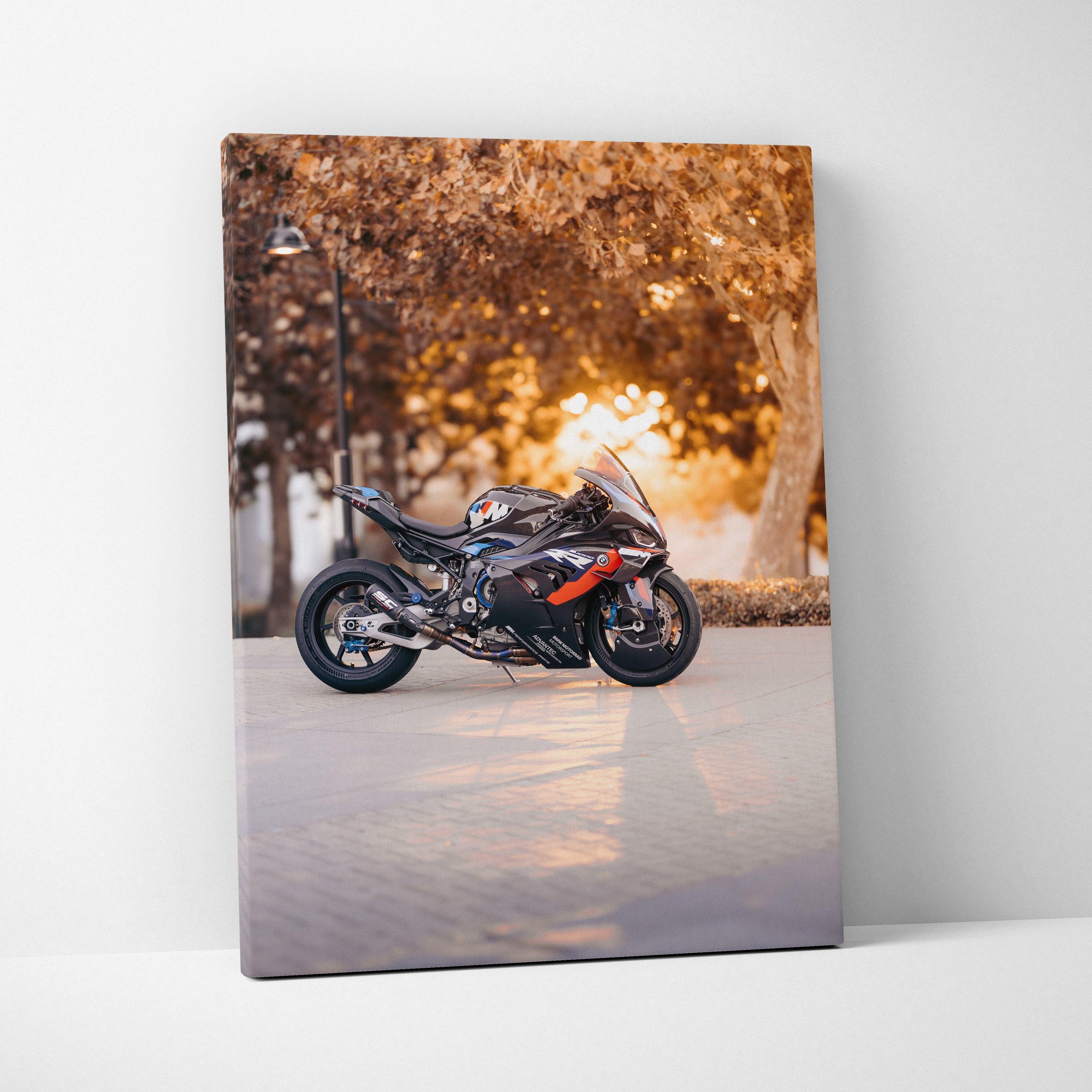 BMW M1000RR motorcycle canvas art with autumn background, high resolution wall art print.