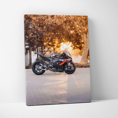BMW M1000RR motorcycle canvas art with autumn background, high resolution wall art print.