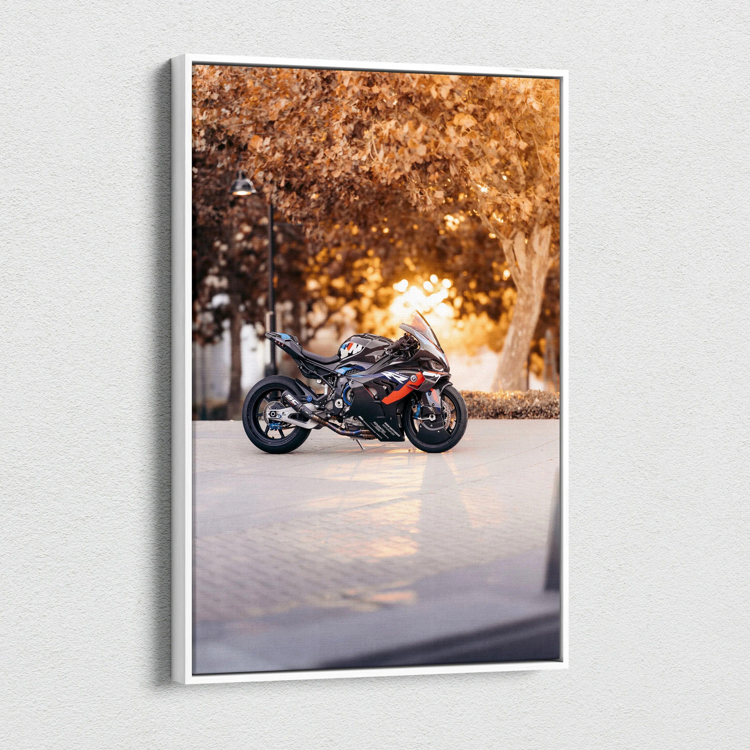 BMW M1000RR motorcycle canvas art with autumn tree background, vertical wall art print.