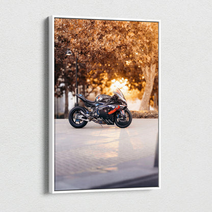 BMW M1000RR motorcycle canvas art with autumn tree background, vertical wall art print.