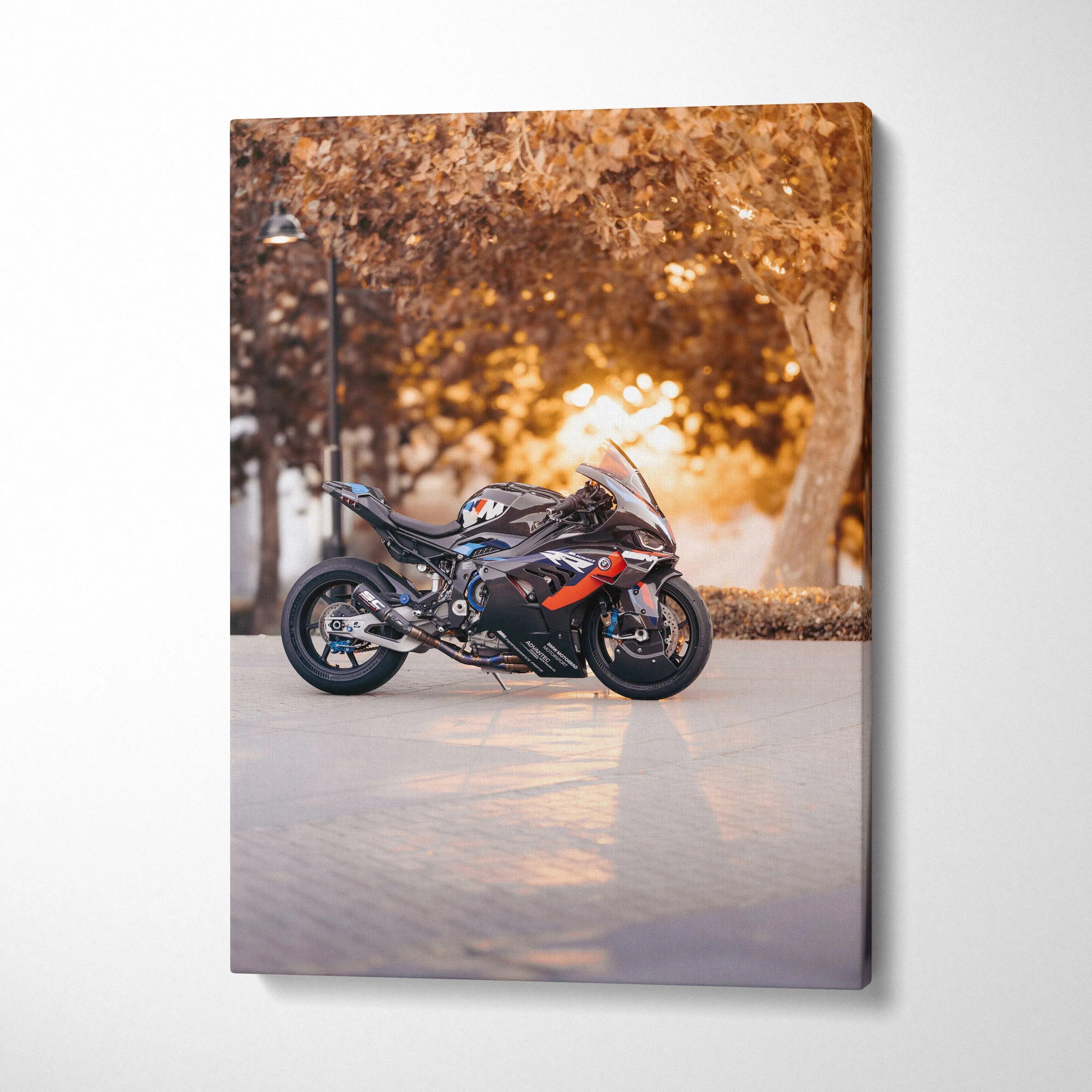BMW M1000RR motorcycle canvas art with warm autumn background in vertical wall art display.