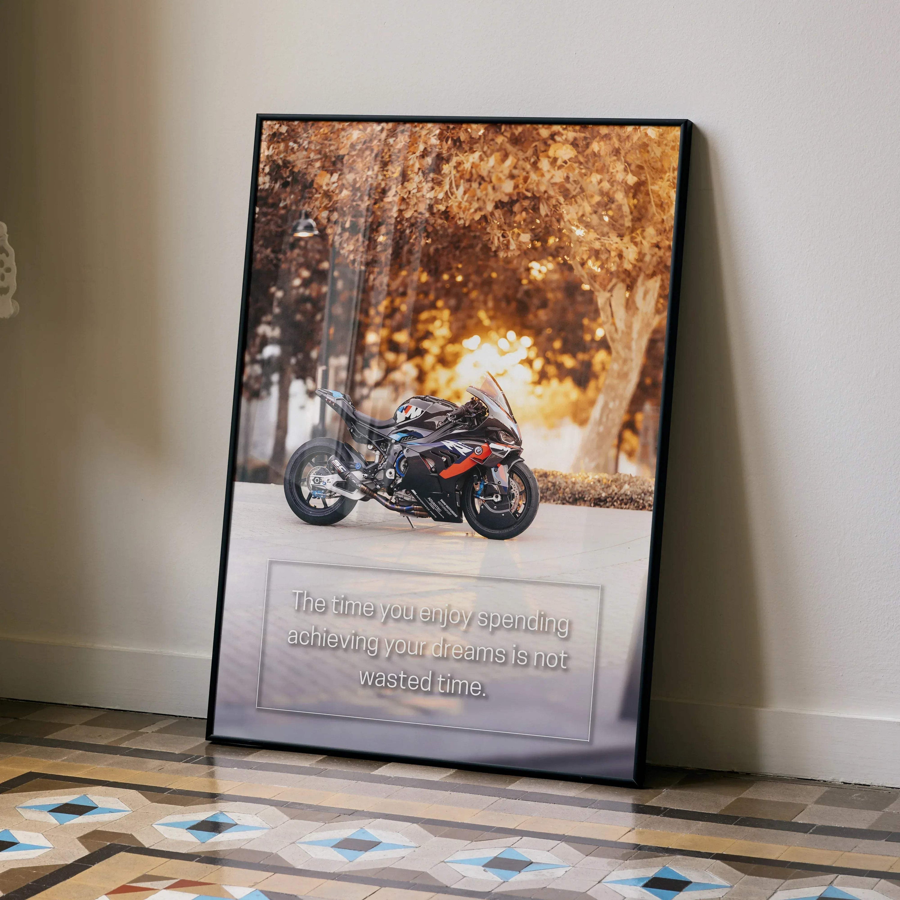 BMW M1000RR motorcycle motivational poster with inspiring quote in autumn forest wall art.