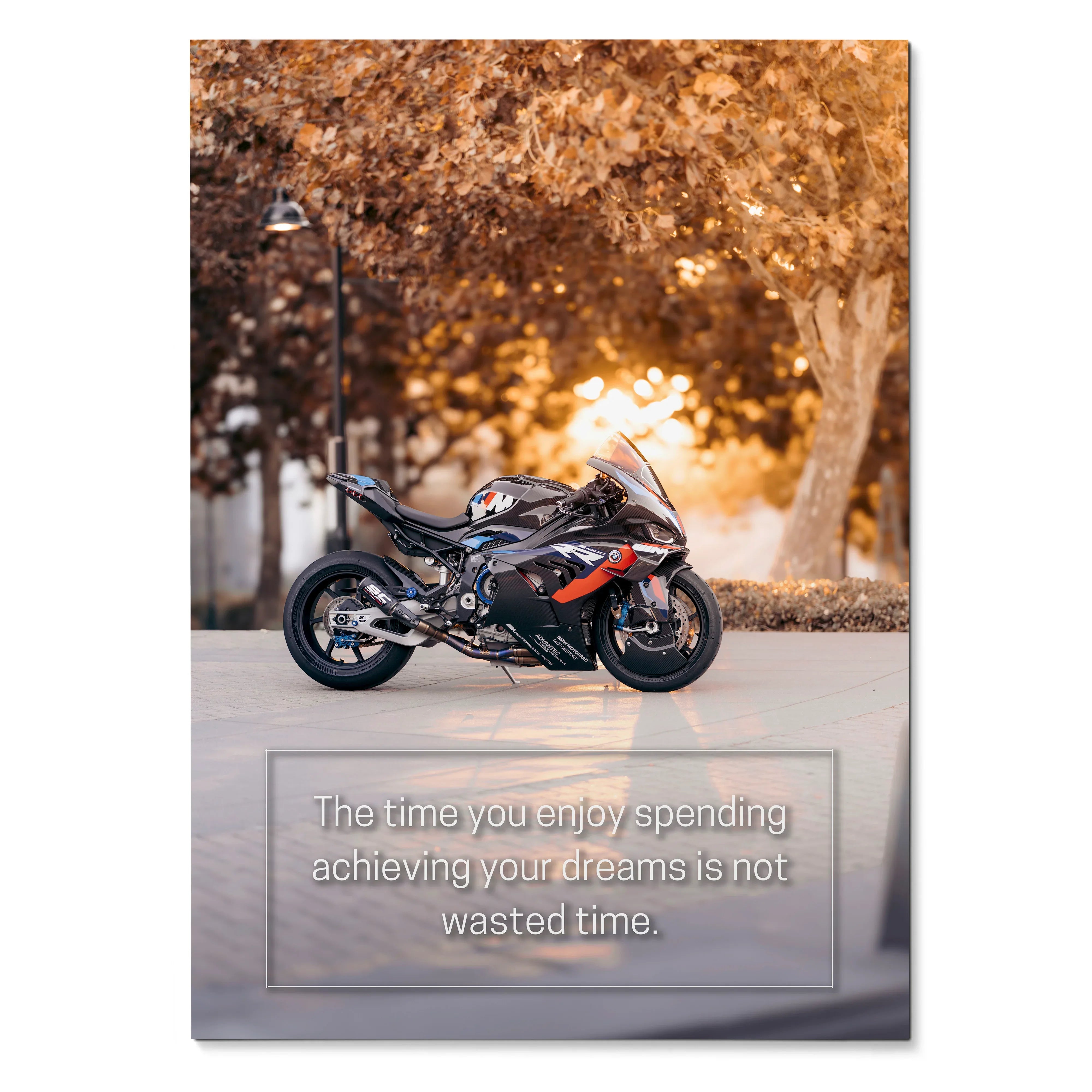 BMW M1000RR motorcycle poster with inspiring quote and autumn background wall art.