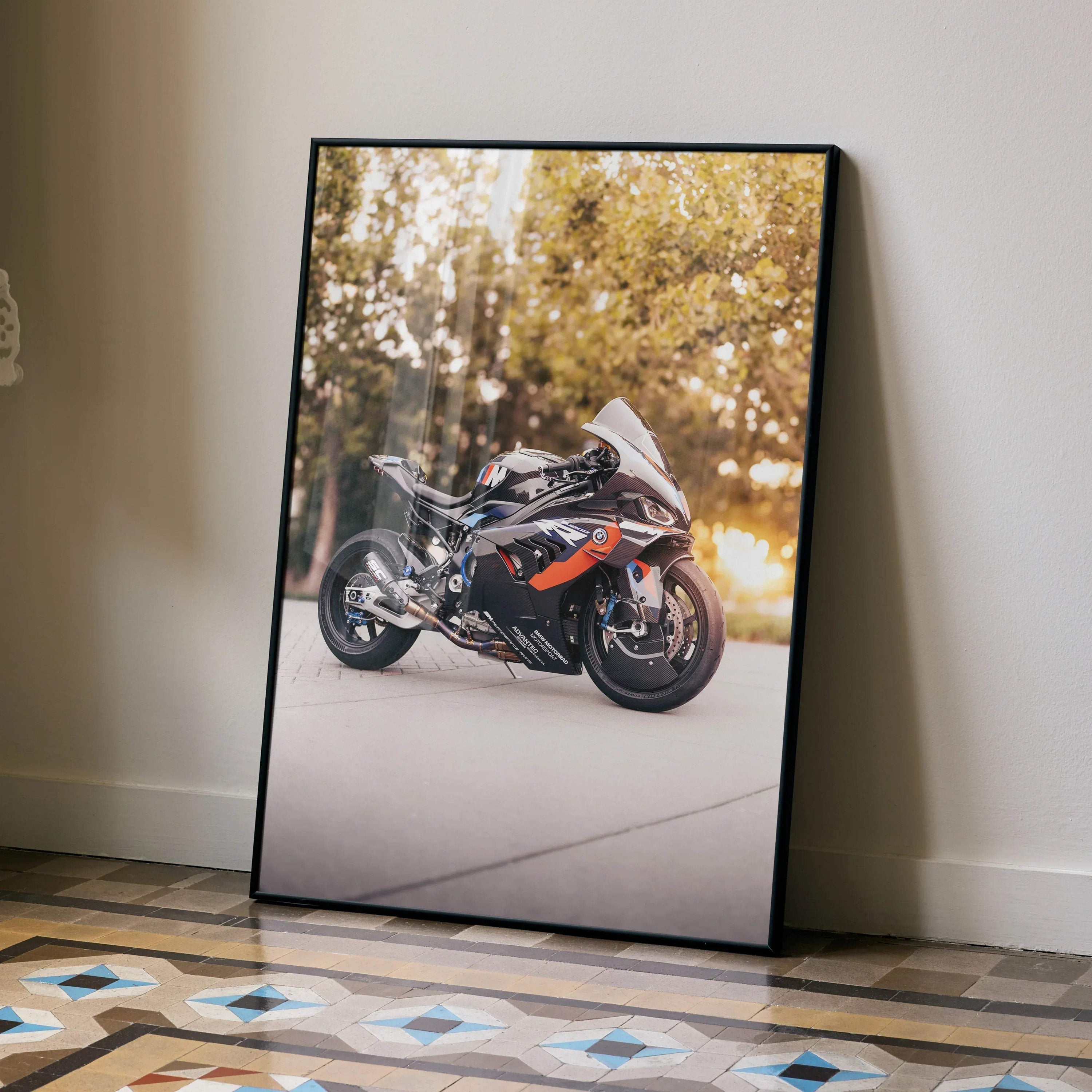 BMW M1000RR motorcycle poster with detailed bike art in outdoor setting wall art.