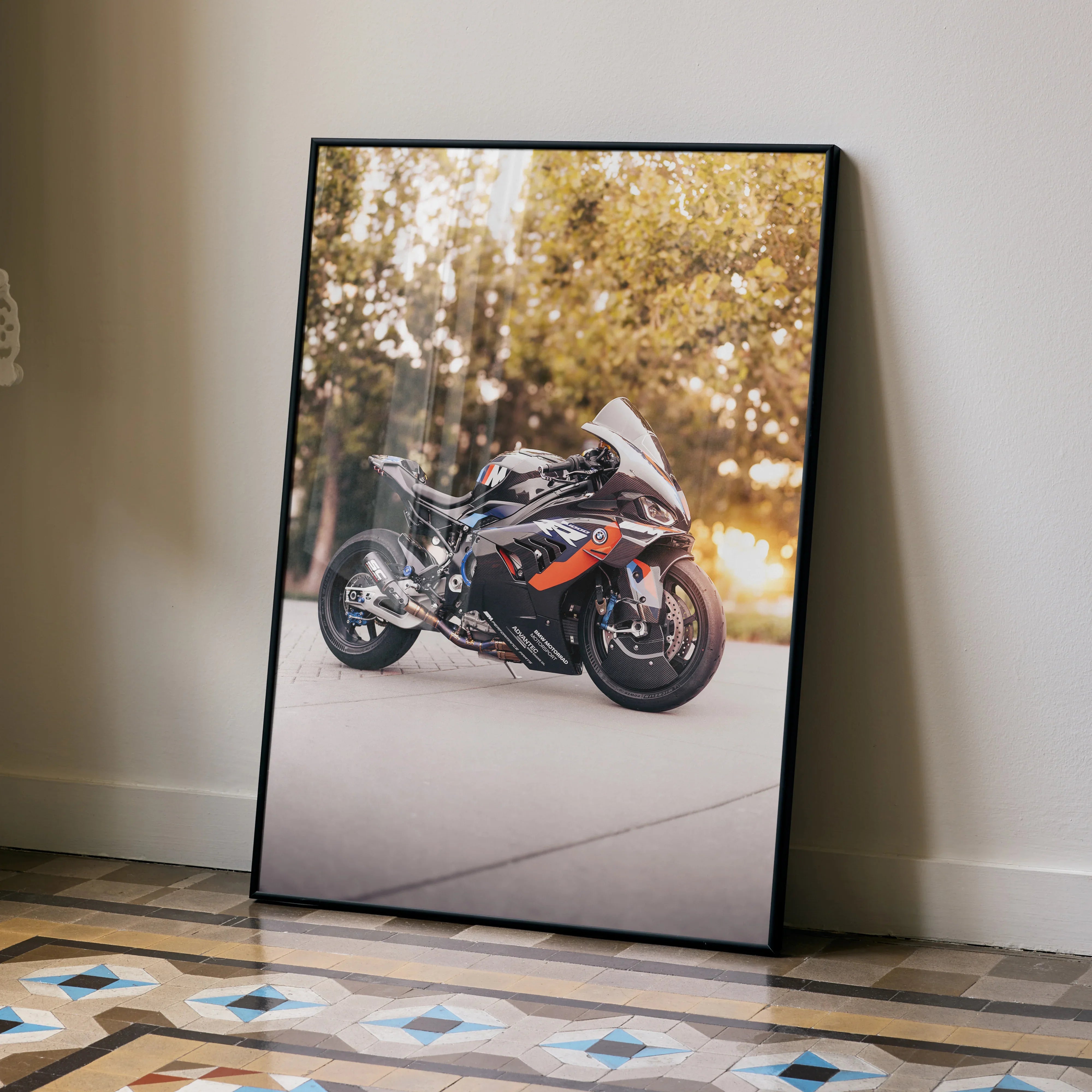 BMW M1000RR motorcycle poster with detailed bike art in outdoor setting wall art.