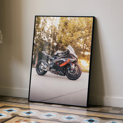 BMW M1000RR motorcycle poster with detailed bike art in outdoor setting wall art.