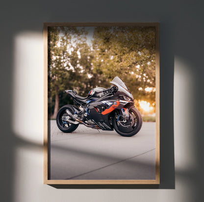 BMW M1000RR motorcycle poster with black, red, and white sportbike wall art in wooden frame.