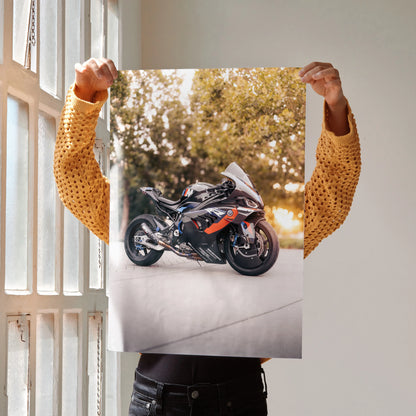 BMW M1000RR motorcycle poster with black and orange racing design, wall art for enthusiasts.
