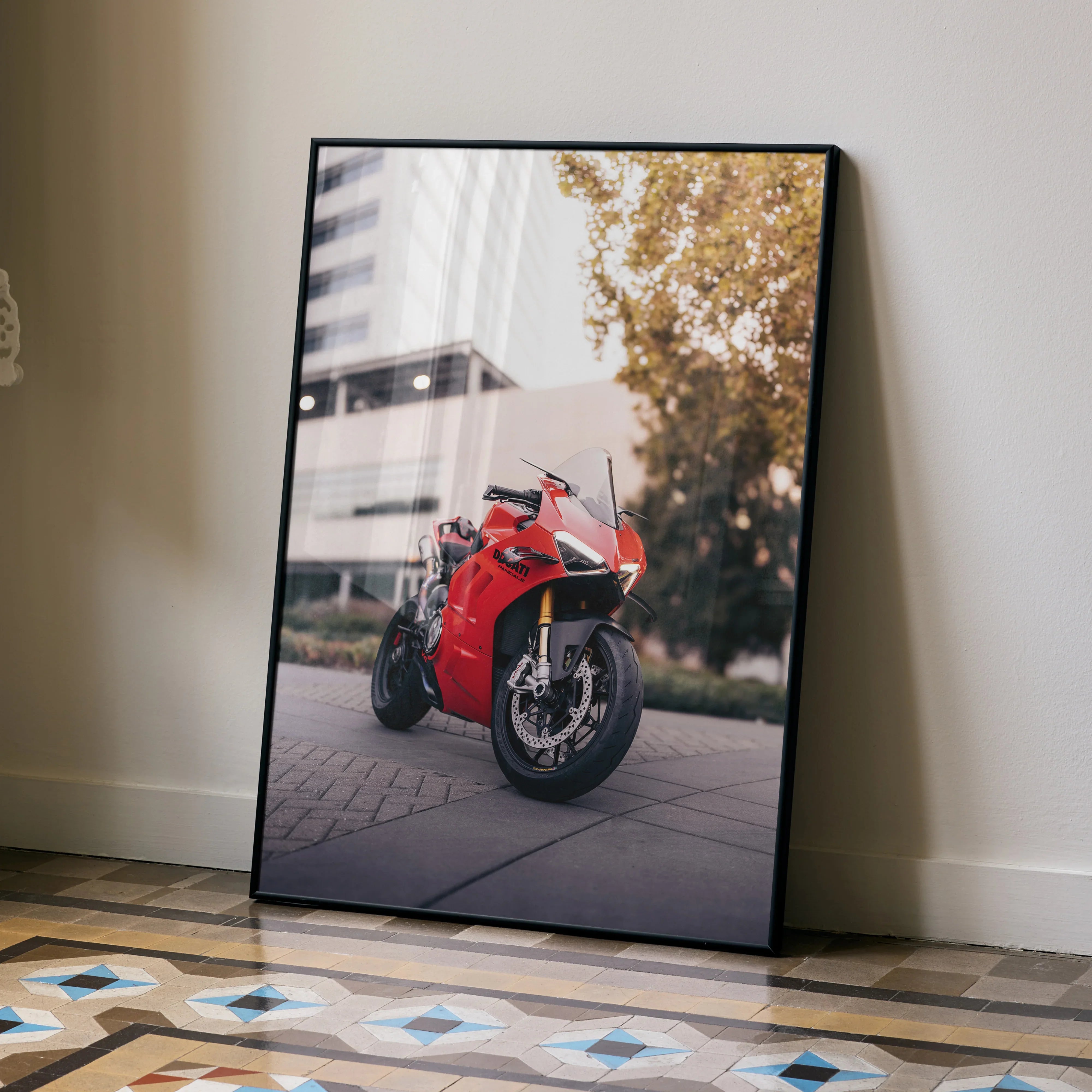 Ducati Panigale V4S motorcycle poster with red bike against urban background wall art.