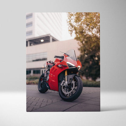 Red Ducati Panigale V4S motorcycle canvas art with urban background, vertical wall art print.