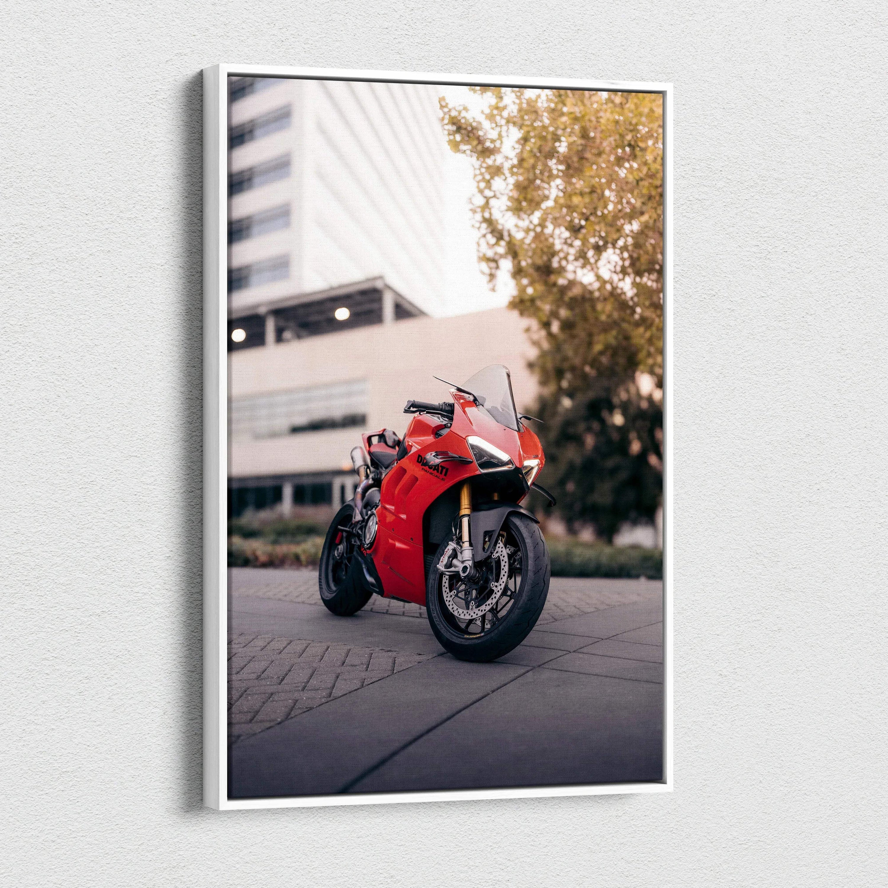 Red Ducati Panigale V4S motorcycle canvas art with urban background wall art in vertical format.