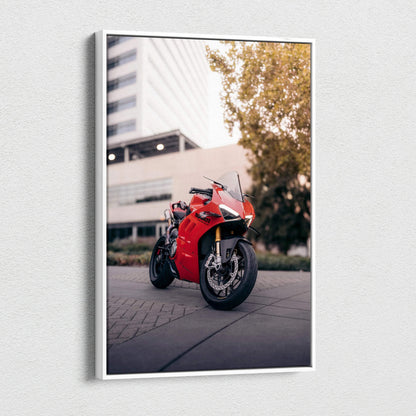 Red Ducati Panigale V4S motorcycle canvas art with urban background wall art in vertical format.