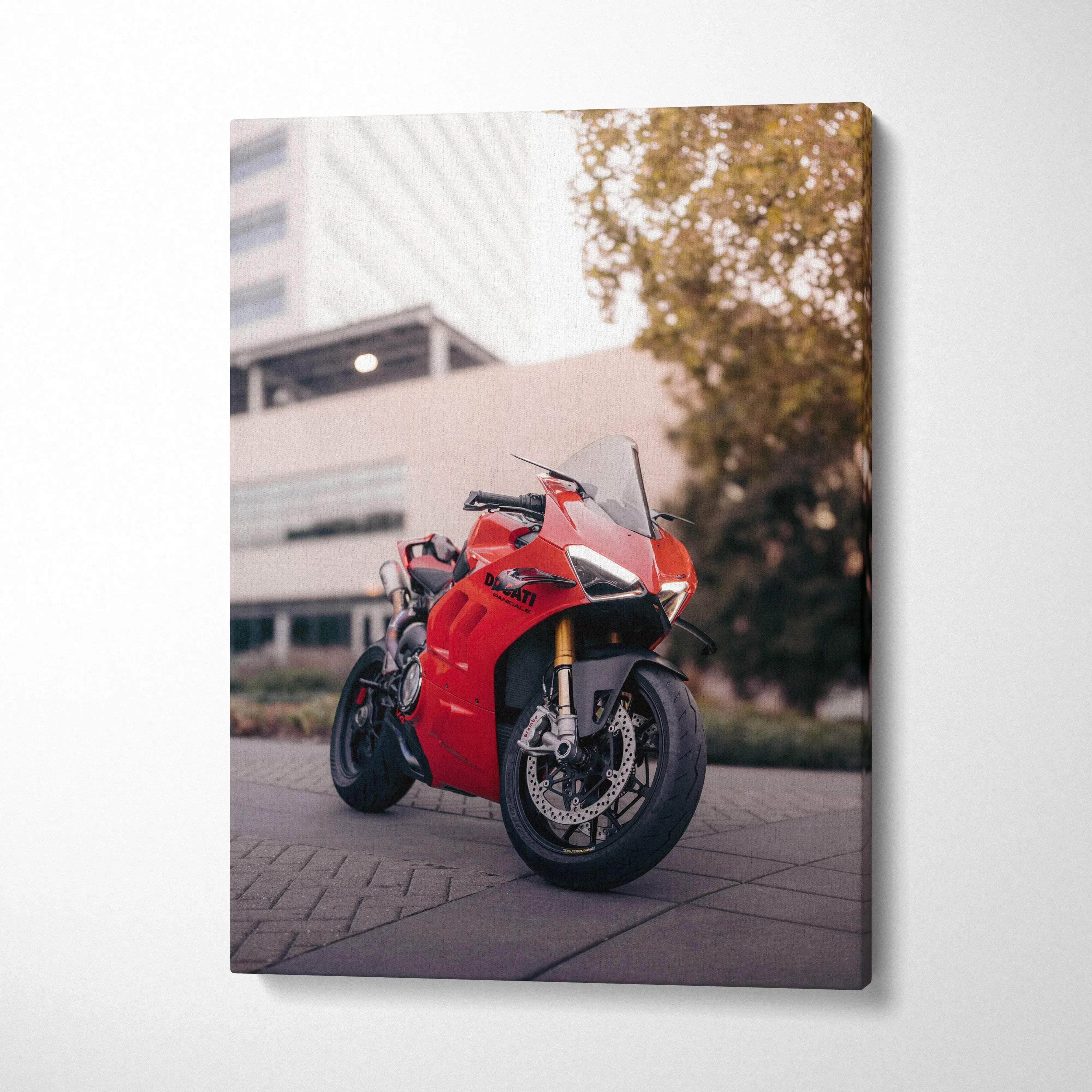 Red Ducati Panigale V4S motorcycle on urban street canvas wall art in vertical format.