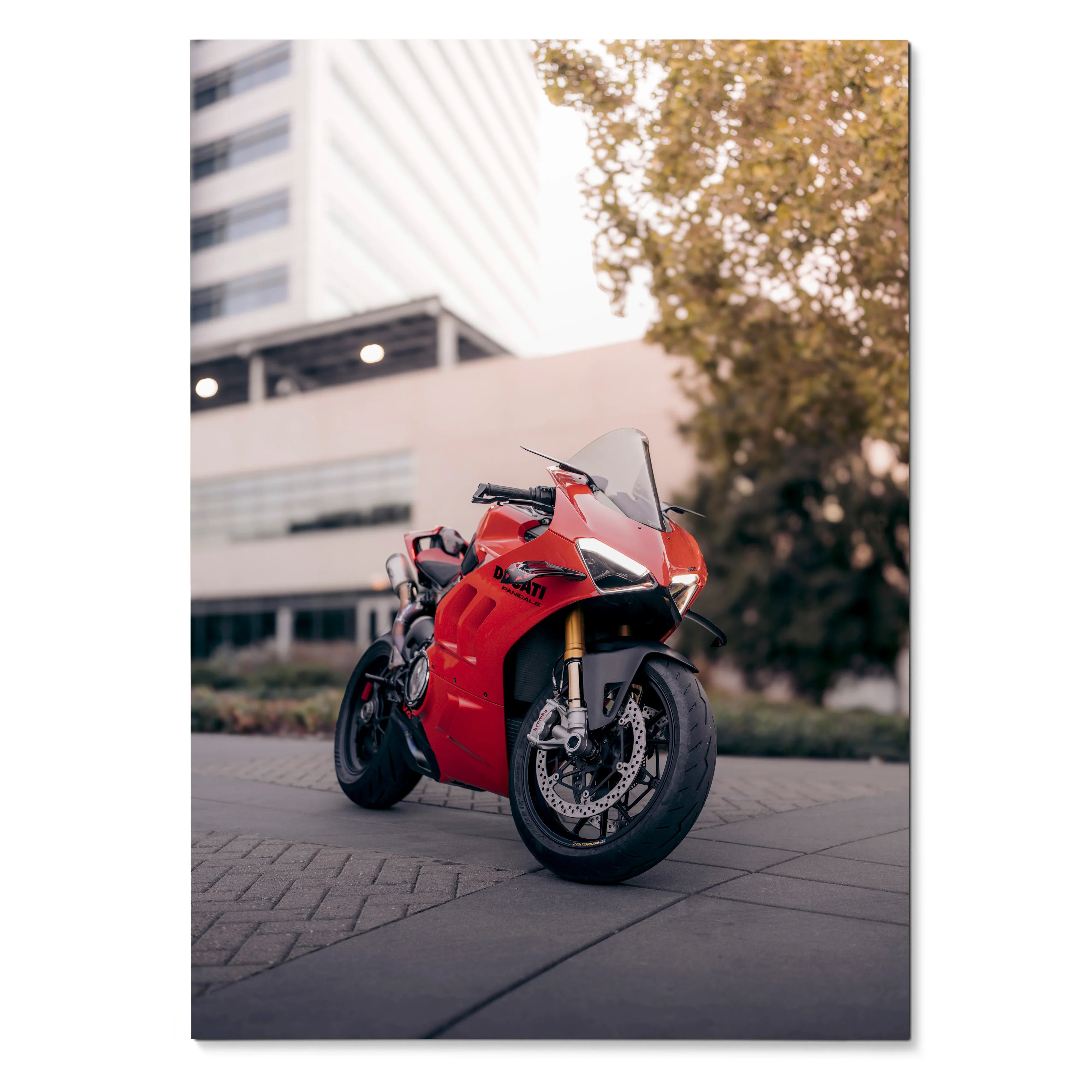 Ducati Panigale V4S motorcycle poster featuring red sportbike parked outdoors urban wall art.