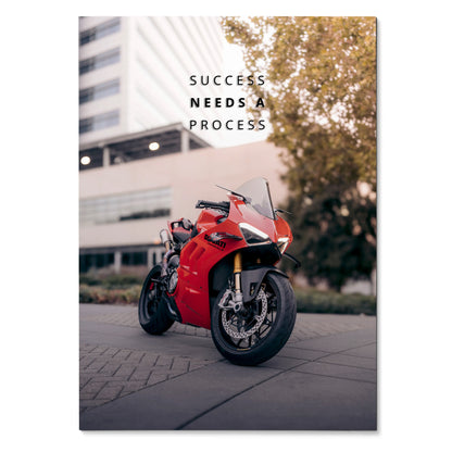 Motivational poster wall art featuring a red Ducati Panigale V4S with the text "Success Needs a Process".