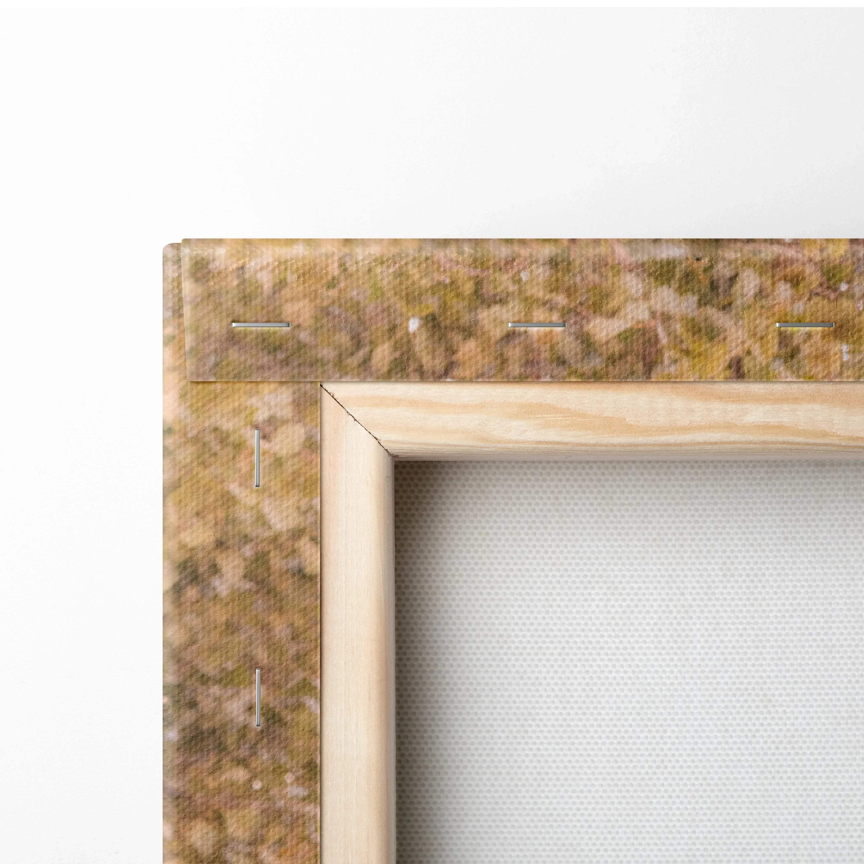 Close-up of wooden frame and white canvas corner for vertical Ducati Panigale V4S motorcycle wall art canvas print.