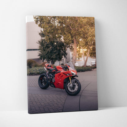 Red Ducati Panigale V4S motorcycle canvas art with outdoor background, vertical wall art.