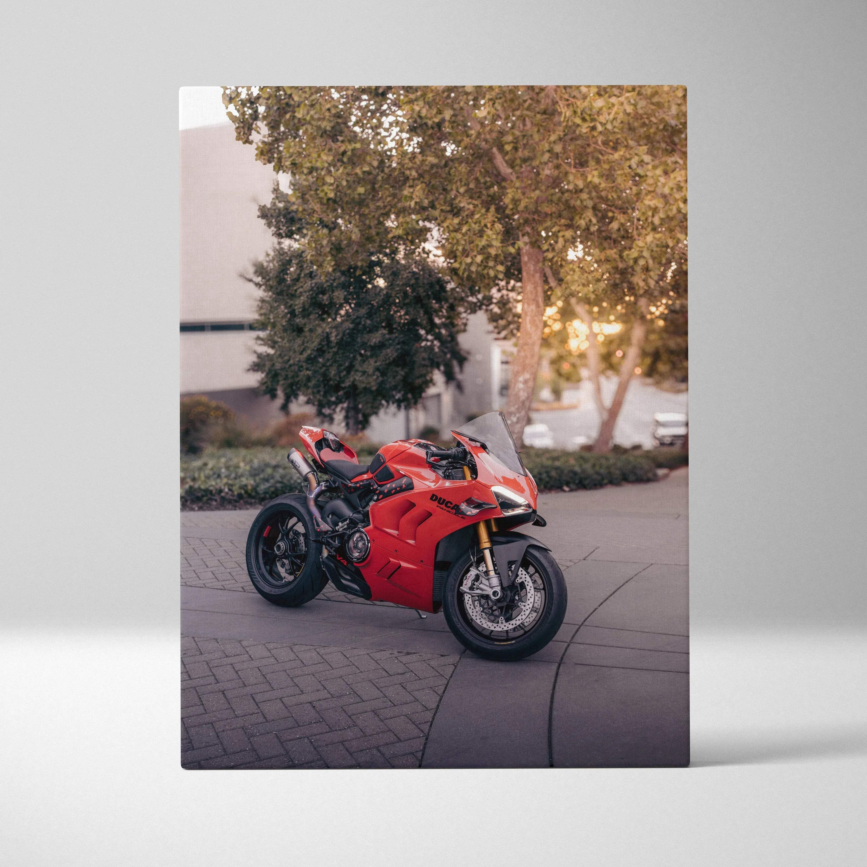 Red Ducati Panigale V4S motorcycle on street canvas wall art vertical print.