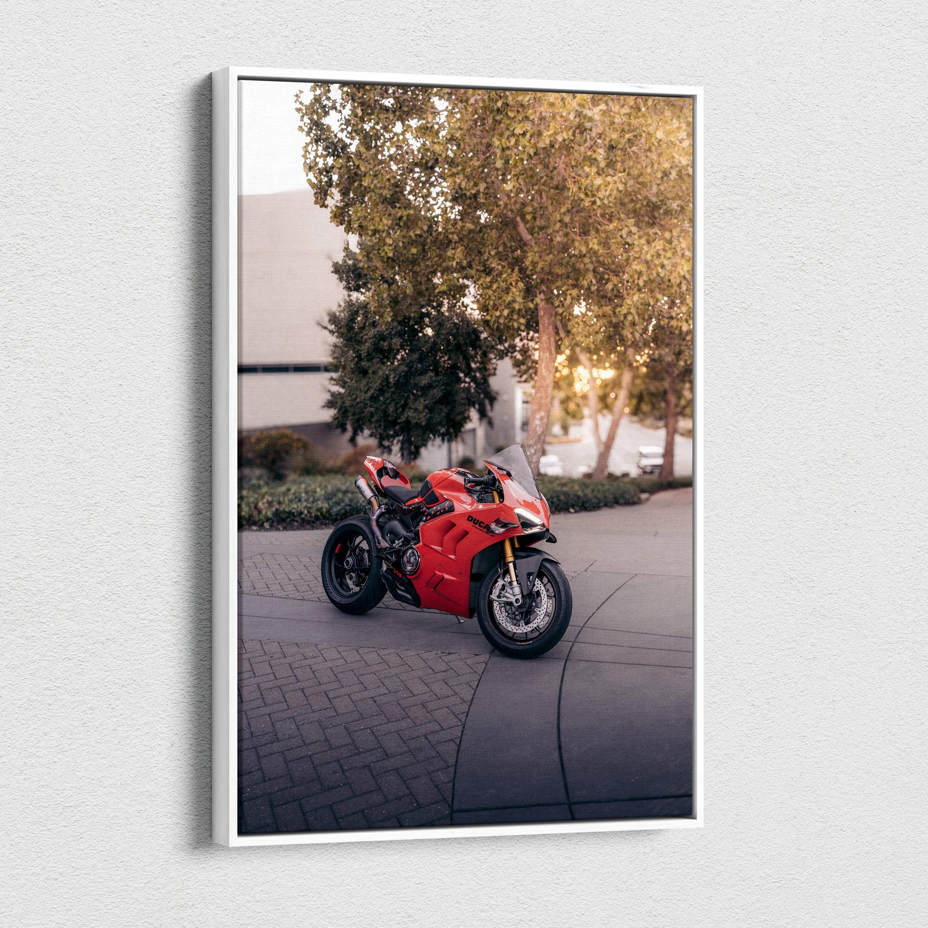 Red Ducati Panigale V4S motorcycle canvas art with outdoor background, vertical wall art.