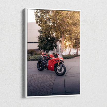Red Ducati Panigale V4S motorcycle canvas art with outdoor background, vertical wall art.